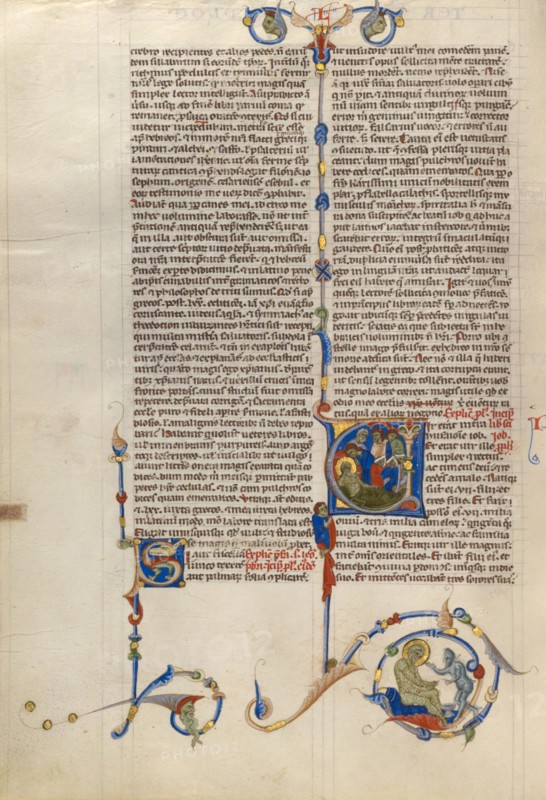 Initial V: Job Derided by His Wife and Three Friends; Abbey Bible, about 1250-1262. Creator: Unknown.