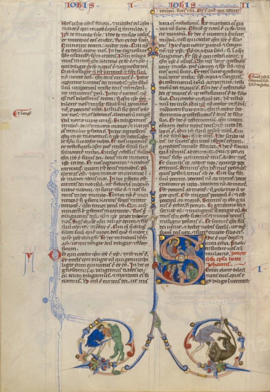 Initial S: Christ Delivering a Scroll to a Man; Abbey Bible, about 1250-1262. Creator: Unknown.