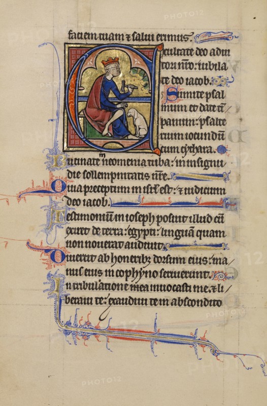 Initial E: David Playing the Bells; Wenceslaus Psalter, about 1250-1260. Creator: Unknown.