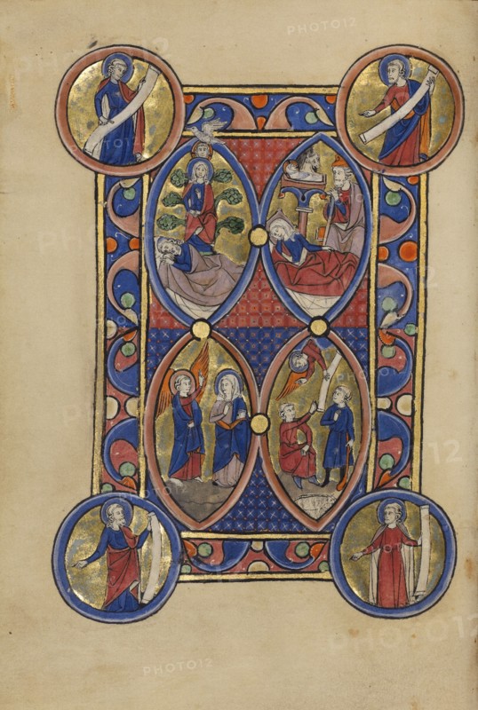 The Tree of Jesse; The Annunciation; The Nativity; The Annunciation to the Shepherds, about 1250-60. Creator: Unknown.