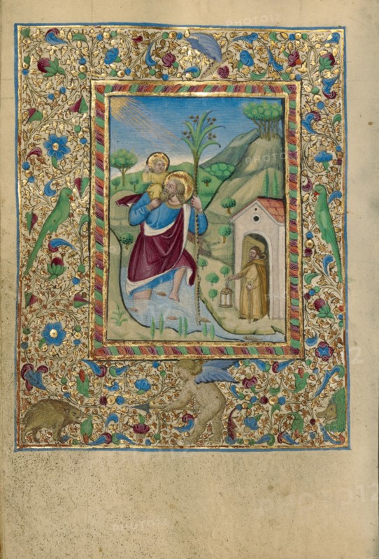 Saint Christopher Carrying the Christ Child; Book of Hours, about 1460. Creator: Unknown.