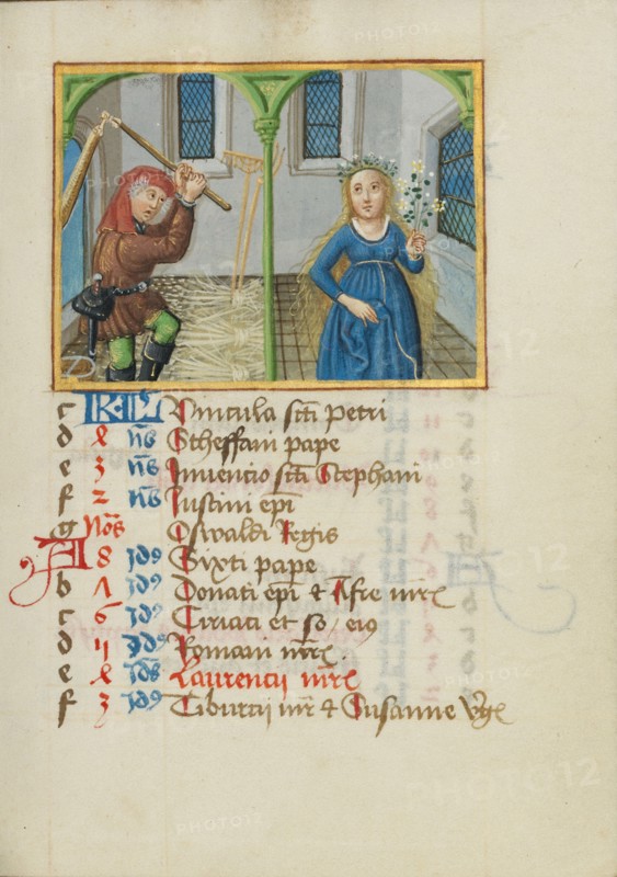 August Calendar Page; Threshing; Virgo; Book of Hours, early 16th century. Creator: Unknown.