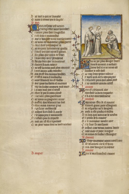 The Personification of Resistance Kneeling before Franchise; Roman de la Rose, about 1405. Creator: Unknown.
