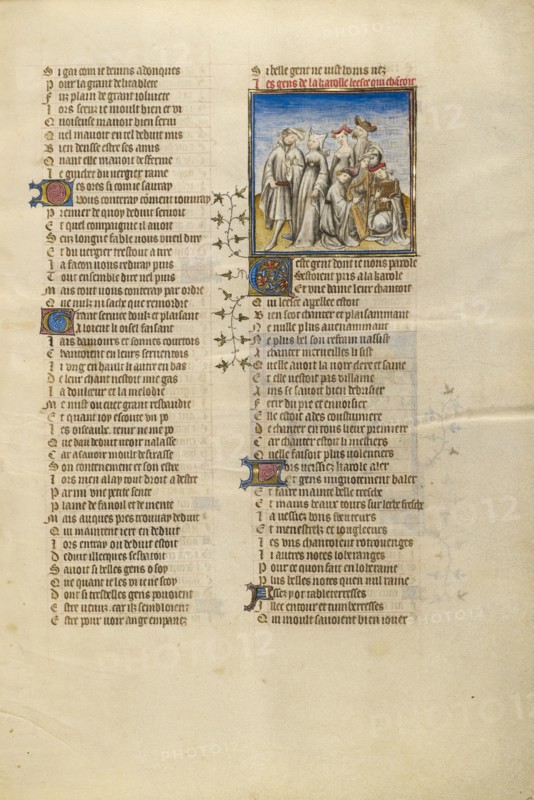 Deduit Dancing with his Companion and the Female Personification of Happiness, about 1405. Creator: Unknown.