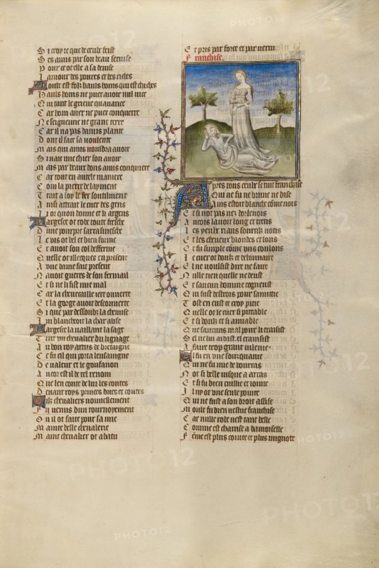 Female Personifications of Poverty and Franchise; Roman de la Rose, about 1405. Creator: Unknown.