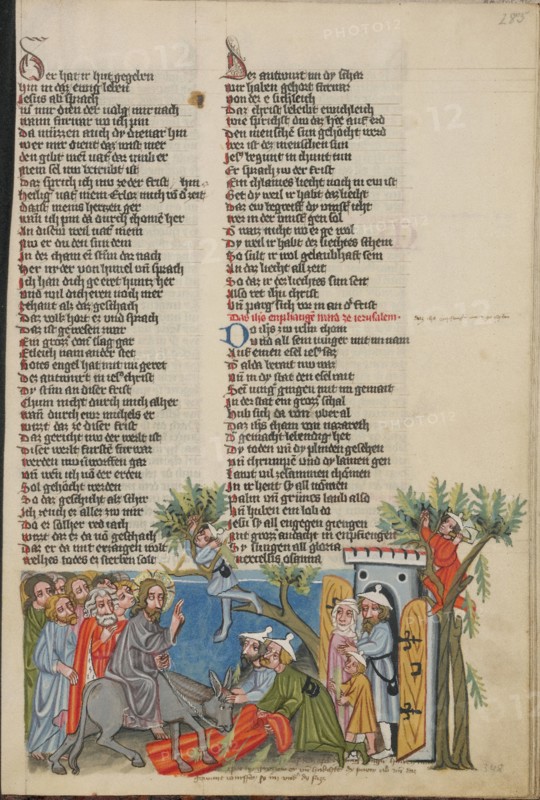 The Entry into Jerusalem; Weltchronik, about 1400-1410. Creator: Unknown.