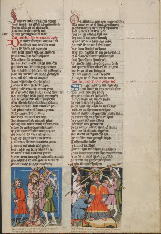 The Flagellation; The Crowning with Thorns; Weltchronik, about 1400-1410. Creator: Unknown.
