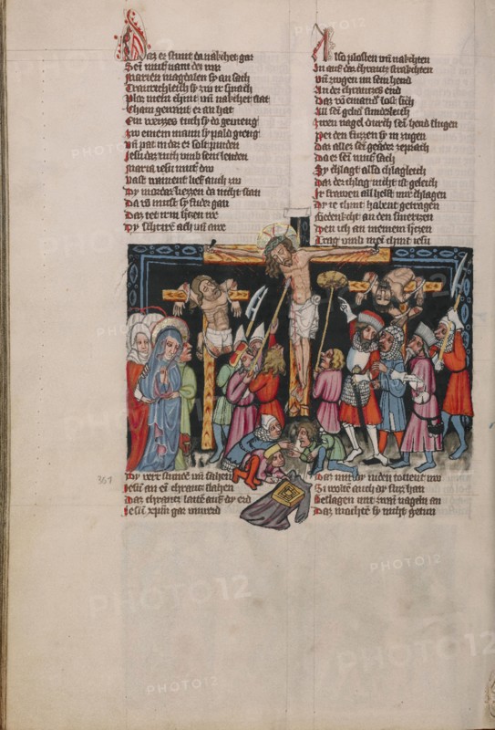 The Crucifixion with Longinus; Weltchronik, about 1400-1410. Creator: Unknown.