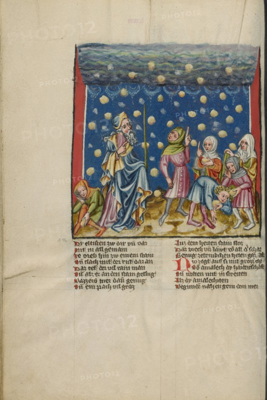 The Israelites Collecting Manna from Heaven; Weltchronik, about 1400-1410. Creator: Unknown.