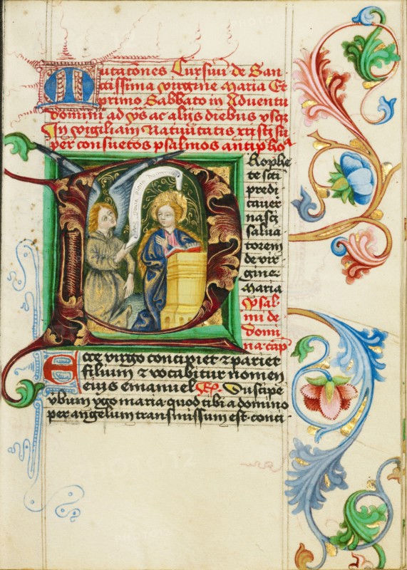 Initial P: The Annunciation; Prayer Book, about 1470-1480. Creator: Workshop of Valentine Noh.