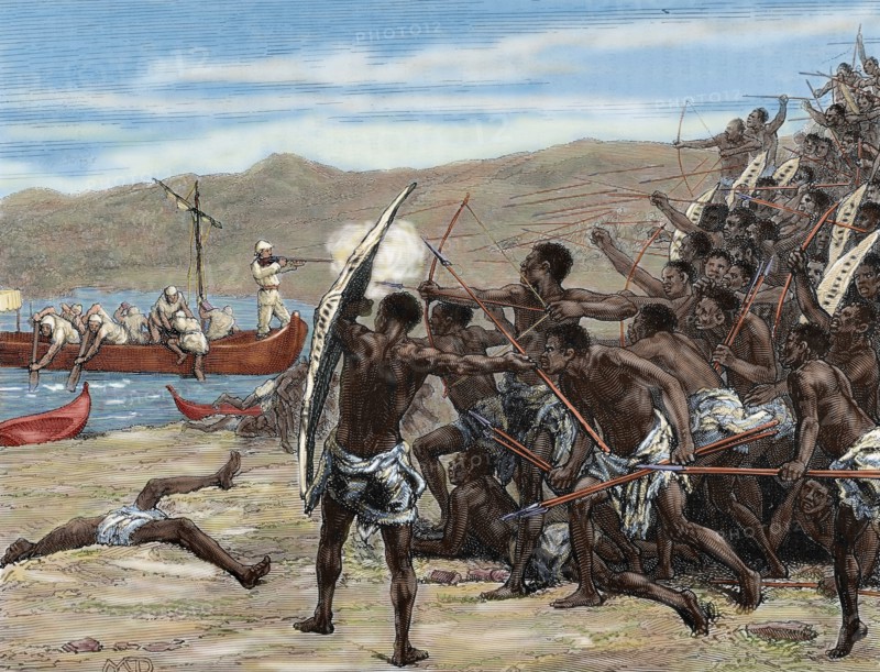 Explorers confronting natives of Bumbireh Island, Africa, 1870s, (1880).  Creator: Laplante.