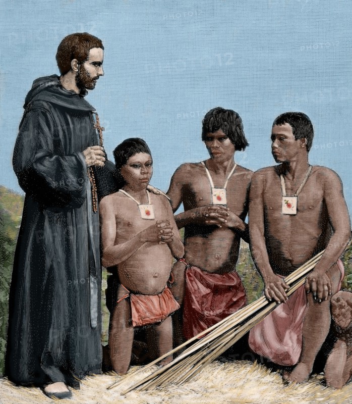 Augustinian Recollect friar converting Guahibo Indians, Spanish Mission, Colombia, 1887.  Creator: Unknown.
