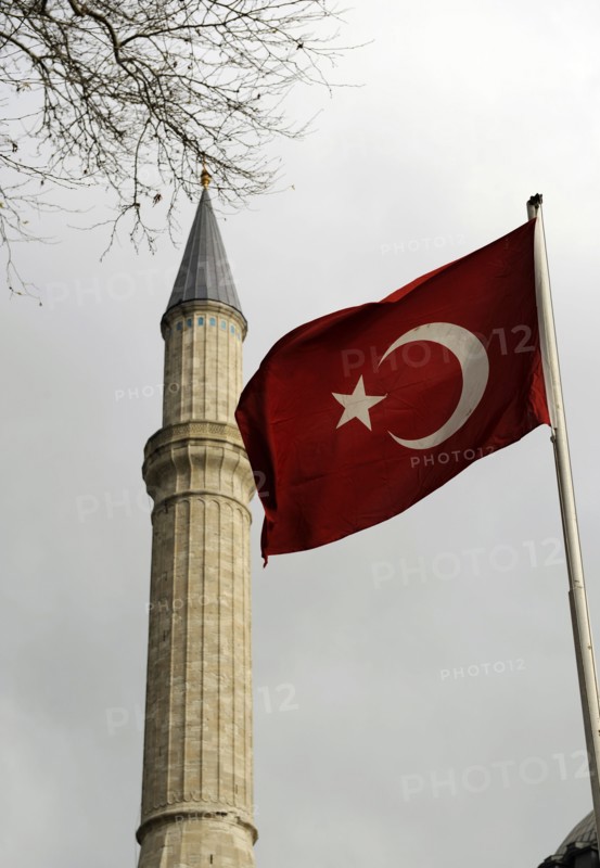 Turkish flag and minaret of Hagia Sophia, Istanbul, Turkey, 2013. Creator: LTL.
