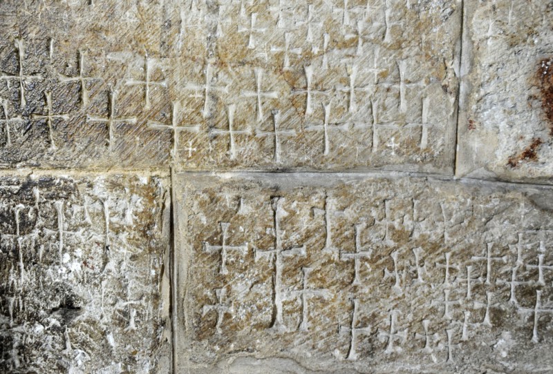 Crusader graffiti on the walls of the stairs leading to the Chapel of Saint Helena. Creator: Unknown.