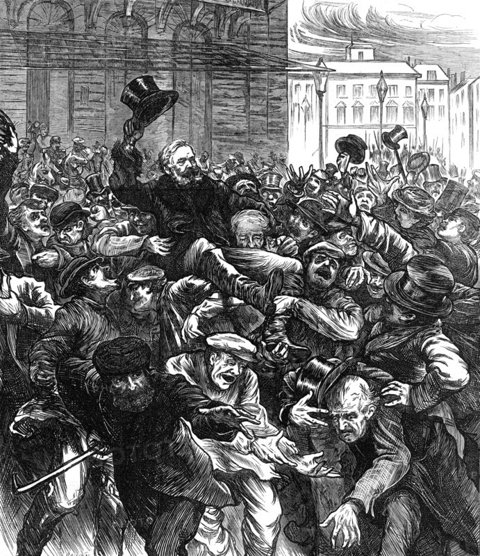 Cheering popular members of the National Assembly in the streets at Bordeaux, 1871. Creator: Joseph Swain.