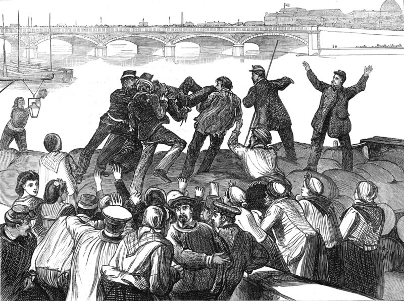 Mob of Paris rioters drowning a police agent, 1871. Creator: Unknown.