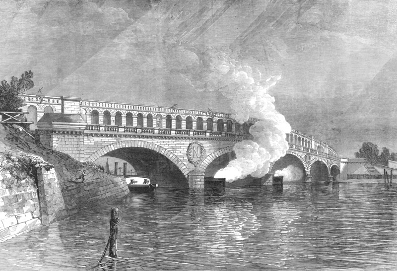 The French Siege of Paris: bridge at the Point du Jour, with gun-boats of the Commune, 1871. Creator: Unknown.