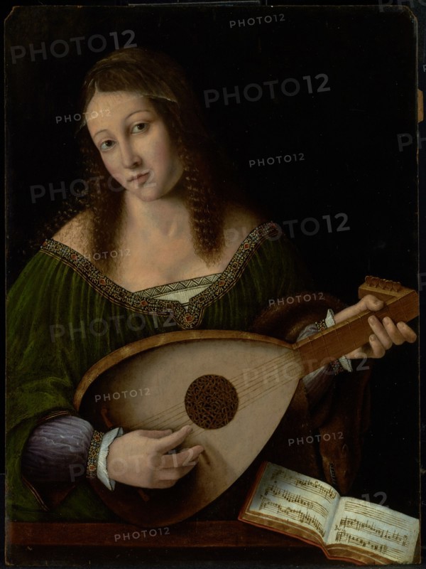 Lady Playing a Lute, about 1530. Creators: Bartolommeo Veneto, Workshop of Bartolomeo Veneto.