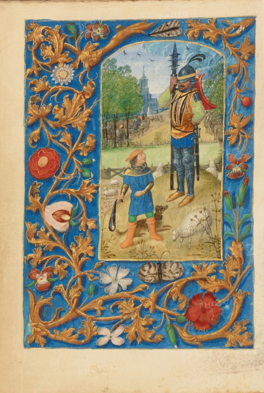 David and Goliath; Crohin-La Fontaine Hours, about 1480-1485 ?. Creator: Master of the Dresden Prayer Book or workshop (Flemish, active about 1480 - 1515).
