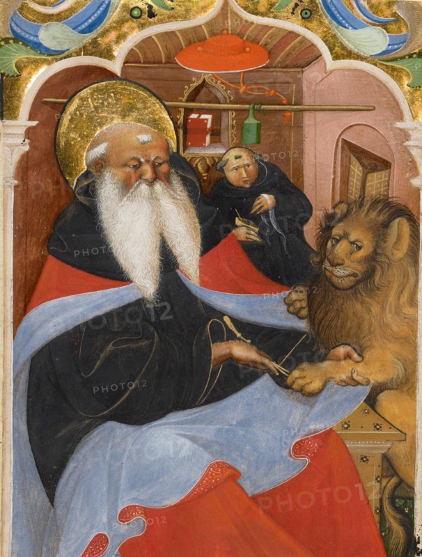 Saint Jerome Extracting a Thorn from a Lion's Paw, second quarter of 15th century.  Creator: Master of the Murano Gradual.