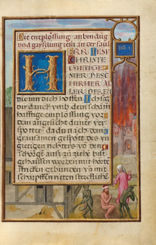 Border with Job Mocked by His Wife and Tormented by Two Devils, about 1525-1530. Creator: Simon Bening.