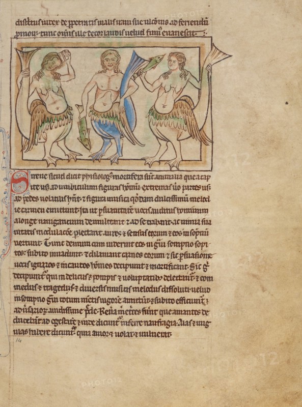 Sirens; Northumberland Bestiary, about 1250-1260. Creator: Unknown.