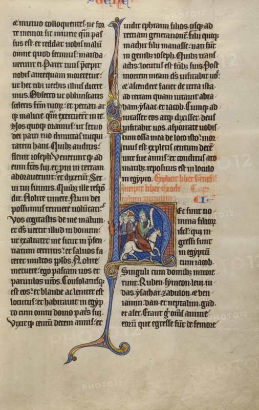 Initial H: Moses Riding toward the Israelites; Marquette Bible, about 1270. Creator: Unknown.