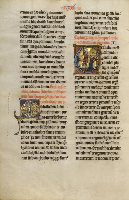 Initial E: Mattathias Killing Jews; Marquette Bible, about 1270. Creator: Unknown.