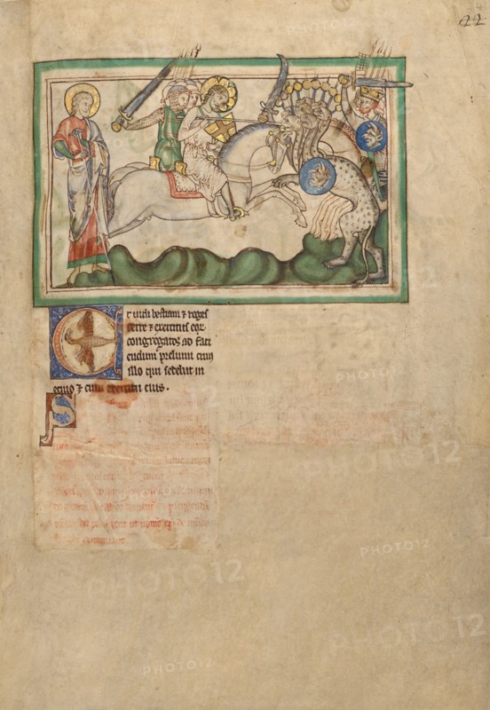 The Battle between the Horsemen and the Beast; Dyson Perrins Apocalypse, about 1255-1260. Creator: Unknown.