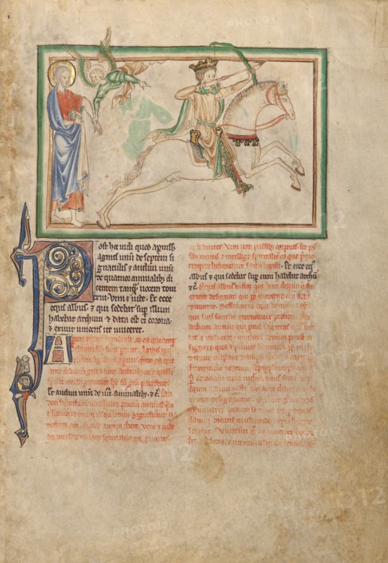 The Opening of the First Seal: The First Horseman; Dyson Perrins Apocalypse, about 1255-1260. Creator: Unknown.