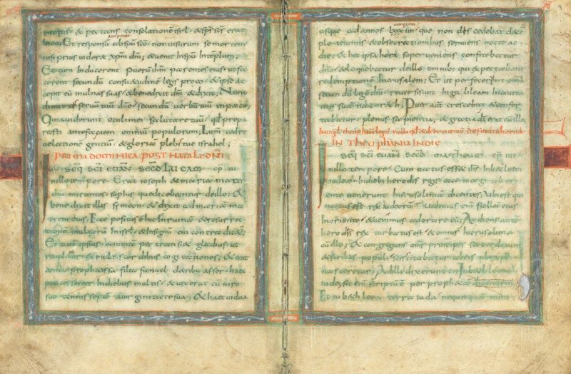 Bifolium from a Gospel Lectionary (fols. 8 and 9); Gospel Lectionary, early 9th century. Creator: Unknown.