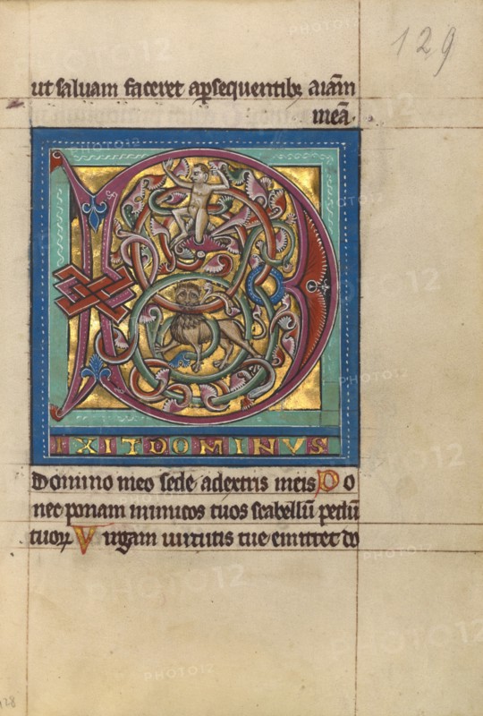 Initial D: A Lion and a Man; Psalter, about 1240-1250. Creator: Unknown.