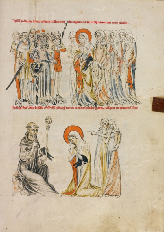 Saint Hedwig Receiving Shoes Miraculously; Abbot Gunther of Leubus Presenting Shoes..., 1353. Creator: Unknown.