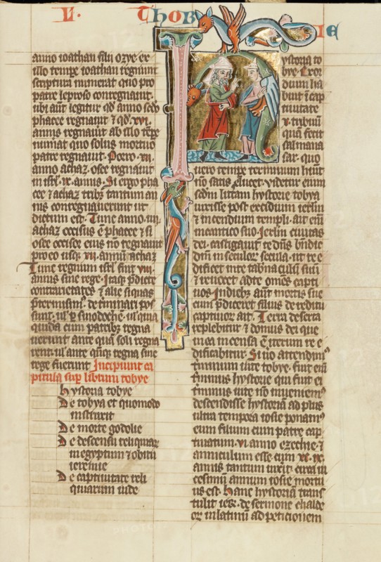 Initial H: Tobias Speaking to a Young Man; Historia Scholastica, about 1300. Creator: Unknown.