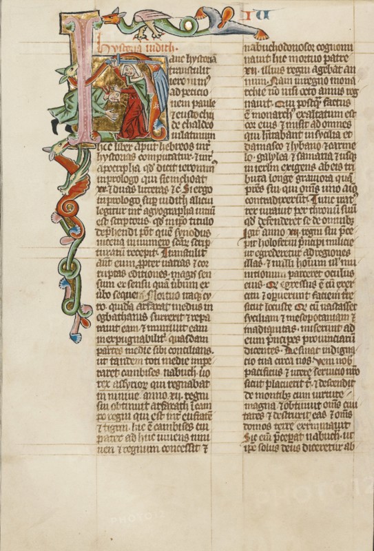 Initial H: Judith Beheading Holofernes; Historia Scholastica, about 1300. Creator: Unknown.