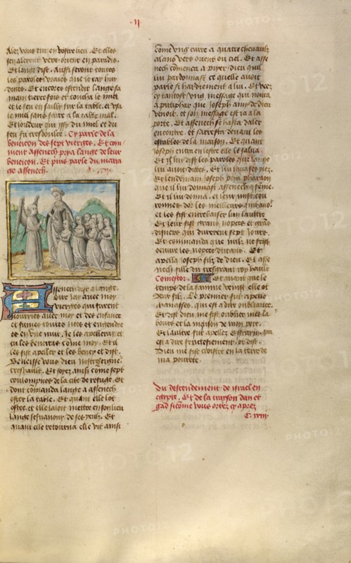 Aseneth Requesting the Angel's Blessing of Seven Young Women; Miroir Historial, about 1475. Creator: Unknown.