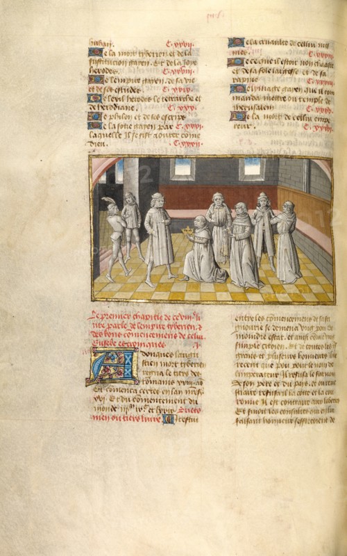 Tiberius Receiving the Crown from the Senators; Miroir Historial, about 1475. Creator: Unknown.