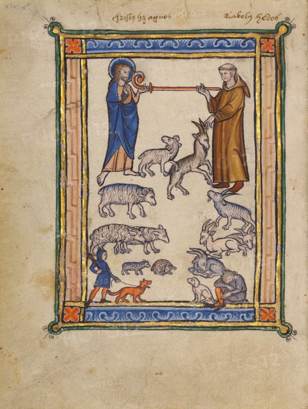Christ and a Monk and Two Shepherds; Bestiary, about 1270. Creator: Unknown.
