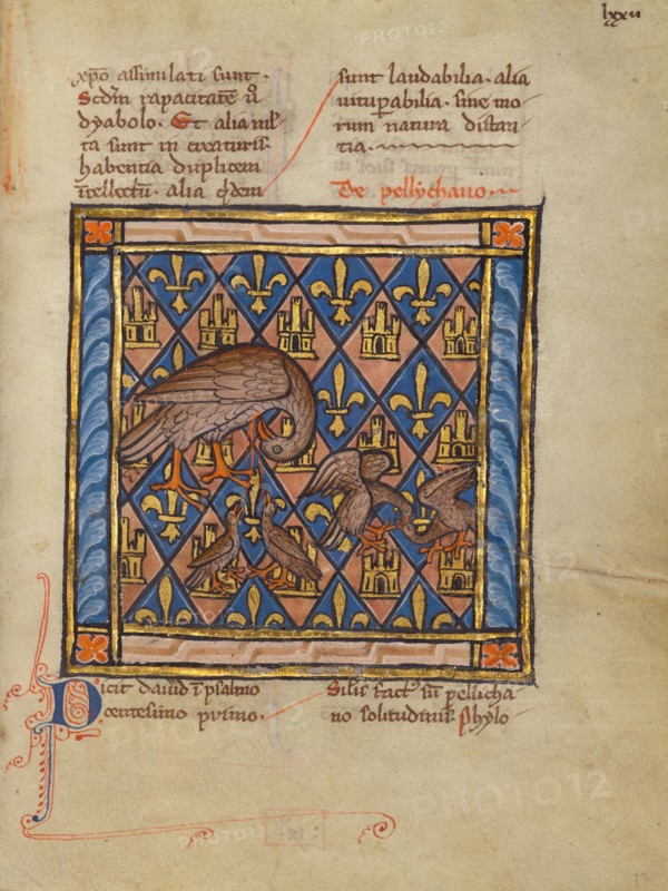 A Pelican Feeding her Young; Bestiary, about 1270. Creator: Unknown.