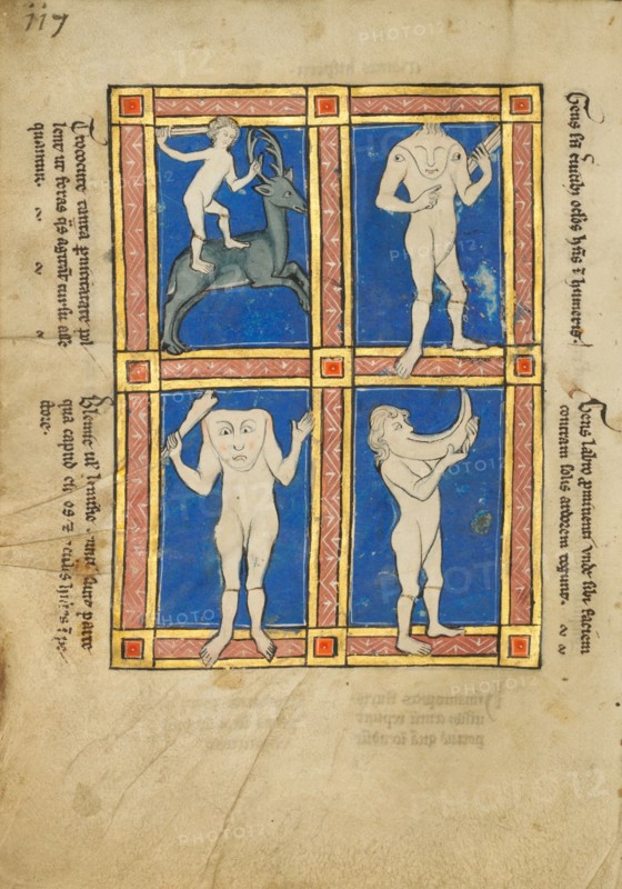 Trococite; A Headless Man with Eyes on His Shoulders; A Headless Man with a face..., 1277 or after. Creator: Unknown.