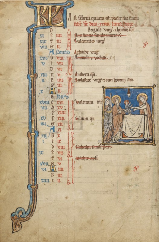 February Calendar Page; Presentation in the Temple; Psalter, mid-1200s. Creator: Unknown.