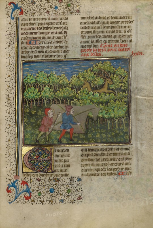 Archers behind a Mock Cow Approaching Deer; The Book of the Hunt, about 1430-1440. Creator: Unknown.