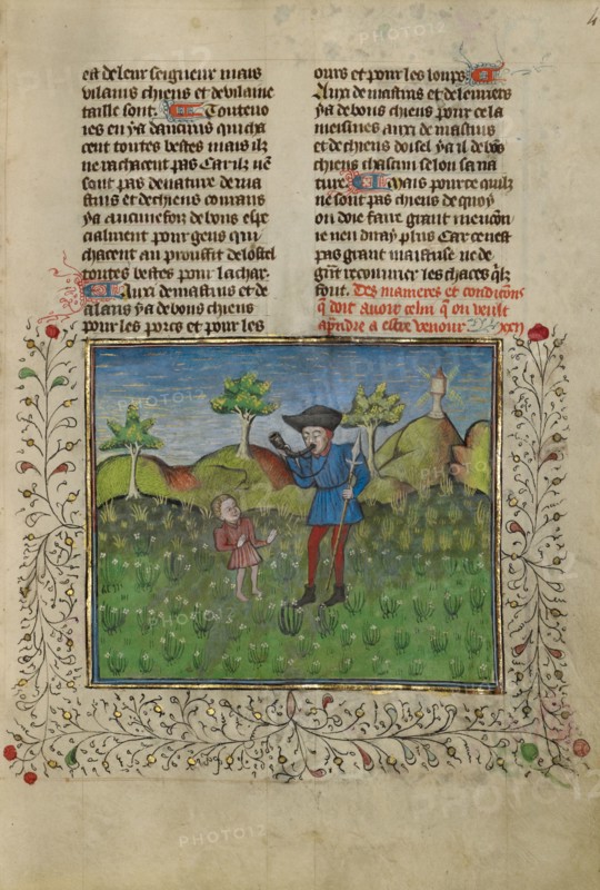 A Hunter and a Young Boy; Livre de la Chasse, about 1430-1440. Creator: Unknown.
