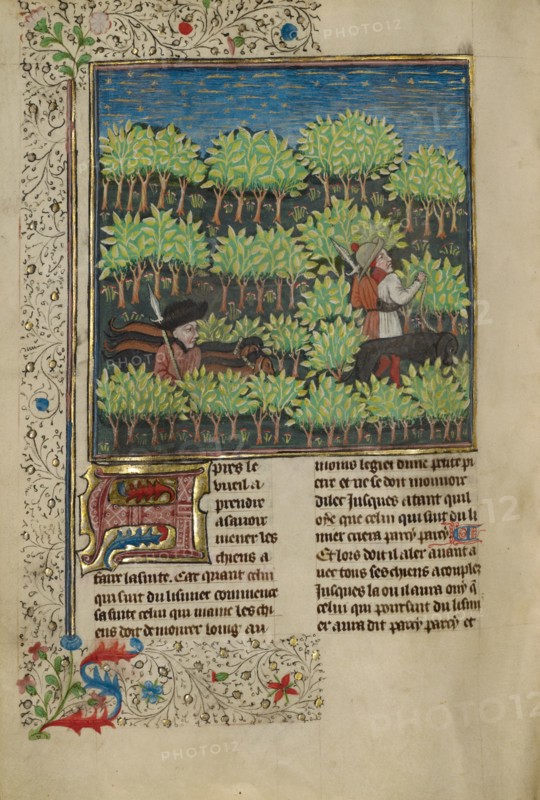 Hunters Training Dogs to Track a Quarry; Livre de la Chasse, about 1430-1440. Creator: Unknown.