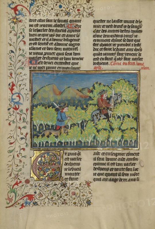Two Hunters and a Dog; Livre de la Chasse, about 1430-1440. Creator: Unknown.