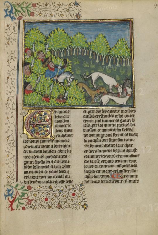 Hunters and Dogs Killing a Wolf; Livre de la Chasse, about 1430-1440. Creator: Unknown.