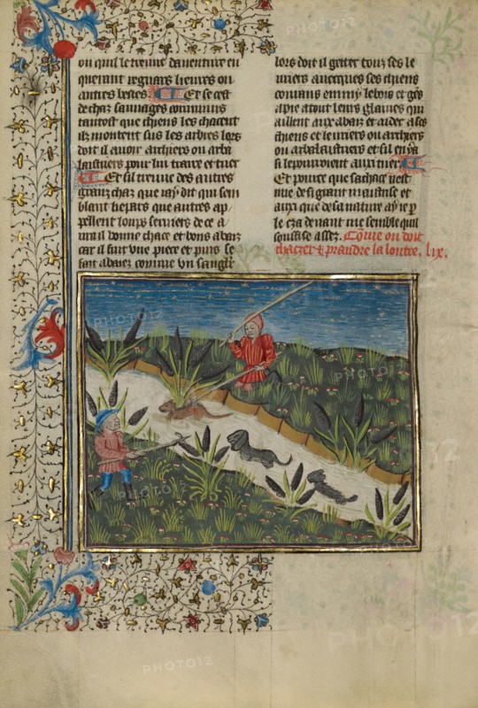 A Hunter and Dogs Attacking an Otter; Livre de la Chasse, about 1430-1440. Creator: Unknown.