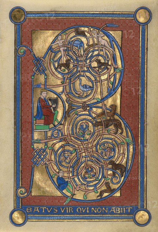 Initial B: David Playing the Harp; Bute Psalter, (replacement leaf, late 19th century?). Creator: Unknown.