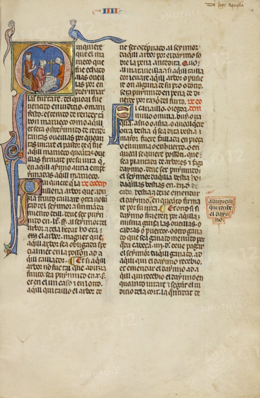 Initial Q: A Judge Pointing to Two Men with a Ram; Vidal Mayor, about 1290-1310. Creators: Unknown, Michael Lupi de Çandiu.