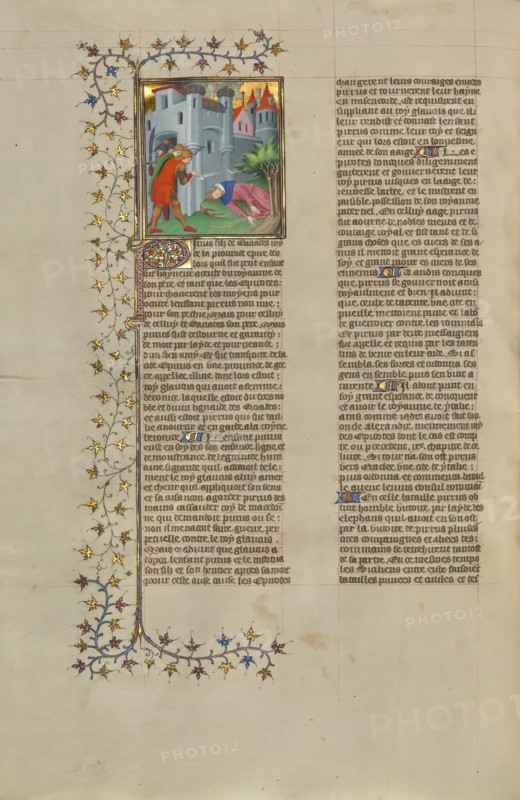 The Wounding of Pyrrhus; Des cas des nobles hommes et femmes, about 1413-1415. Creators: Boucicaut Master, Workshop of the Boucicaut Master.